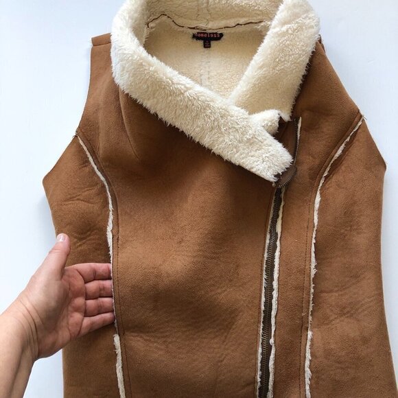 NAMELESS Faux Sherpa Vest Jacket Thick Warm Sleeveless Cognac & Cream Moto Zip S - Picture 15 of 16